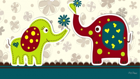 Enchanting Ellephants - flowers, elephants, smile, whimsical, cute, art, happy