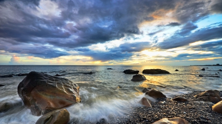 wonderful sunrise over rocky beach - rocks, clouds, beach, sea, sunrise