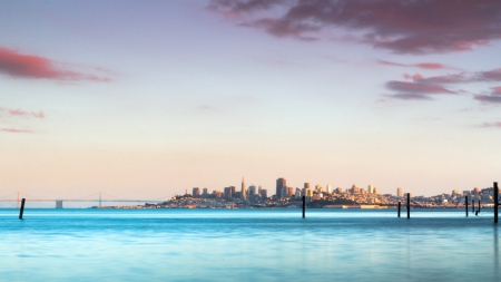 san francisco in an azure bay - pylons, city, azure, bridge, bay