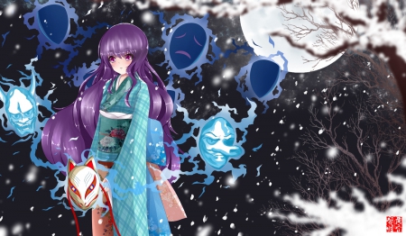 ~Winter's Moon~ - moon, trees, anime, winter, night, masks, purple eyes, touhou, hata no kokoro, purple hair