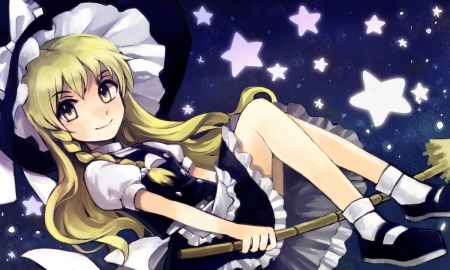 Kirisame Marisa The Witch - stars, hat, witch, flying, touhou, broom, anime, kirisame marisa, blonde