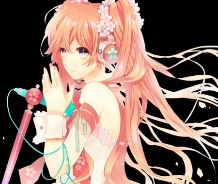 Sakura Miku - pretty, anime, vocaloid, female, hatsune miku, pink, long hair, microphone, dark, pink eyes, sakura miku, nice, pink hair, anime girl, sakura, hot, girl, lovely, sweet, black, miku, cute, hatsune, sexy, vocaloids