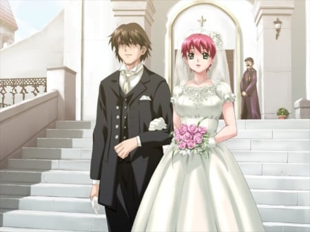 ♡ Couple ♡ - pretty, female, church, happy, staircase, married, nice, gown, bride, groom, hot, wedding, boluquet, flower, cute, floral, stair, sexy, anime, elegant, dress, bride and groom, guy, wed, boy, male, gorgeous, anime girl, marry, girl, lovely, sweet, handsome