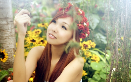 asian - girl, smile, wreath, asian