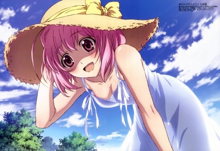 Shy girl - sky, shy girl, girl, hat, anime, summer