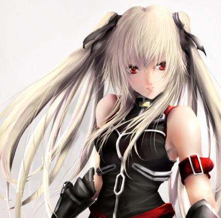 Fate Testarossa - realistic, close up, female, twintail, simple, anime girl, angry, red eyes, anime, ribbon, twin tail, silver hair, mad, magical girl lyrical nanoha, girl, warrior, fate testarossa, twintails, magical girl, long hair, cg, hd, twin tails, 3d, plain, white hair