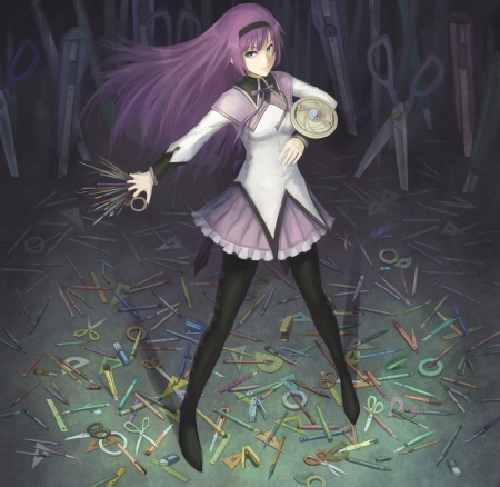 Hitagi Homura - cute, hot, anime girl, girl, bakemonogatari, mahou shoujo madoka magica, weapon, magical girl, akemi homura, crossover, anime, sinister, purple hair, warrior, long hair, angry, cosplay, sexy, senjougahara hitagi, female