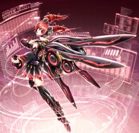 Kasane Teto - anime, vocaloid, twin tail, female, wing, twintail, flying, light, kasane teto, long hair, armor, float, teto, fly, mecha, hd, sparks, abstract, twin tails, anime girl, twintails, hot, girl, fantasy, wings, cute, sexy, vocaloids