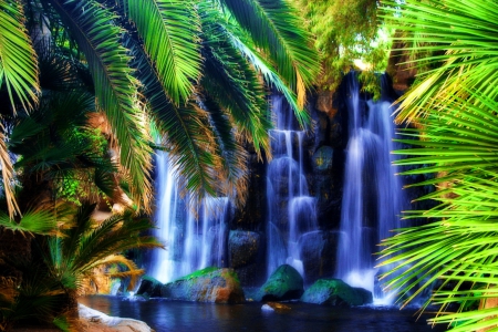 Waterfall - nice, tropics, waterfall, fall, pretty, pond, branches, palm trees, lake, palms, summer, tropical, lovely, exotic, nature, jungle, beautiful