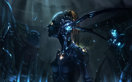 Fantasy creature - woman, girl, robot, black, fantasy, cyborg, dark, creature, blue, lights