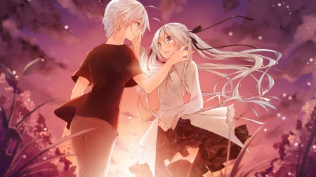 Yosuga no Sora - blush, winf, yosuga no sora, white hair, shirt, hair pin, girl, male, sunset, short hair, windy, anime, sky, long hair, clouds, skirt, people, female, boy