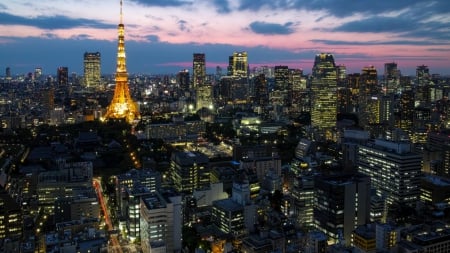 Tokyo - clouds, tower, tokyo, japan tower, city, buildings, japan, sunset, lights