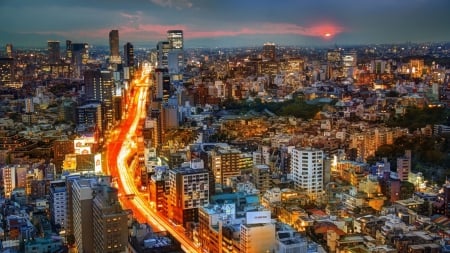 Tokyo - sky, light, tokyo, eaod, buildings, fire, japan, clouds, city, lights