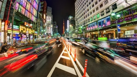 Japan - tokyo, cars, night, wallpaper, buildings, raod, stores, japan, cool, clouds