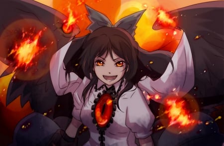 Try to beat me! - girl, female, eye, fire, flame, touhou, anime, reiuji utsuho, manga