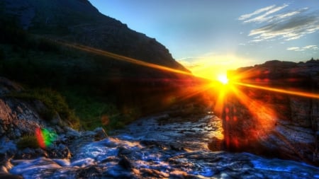 magnificent surise hdr - rays, cliff, stream, hdr, sunrise, rocks