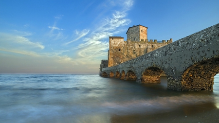 ancient castle off seashore - clouds, ancient, beach, sea, castle, bridge