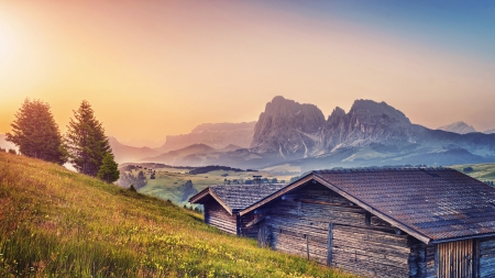 wonderful homes on an alpine meadow - cabins, mountains, meadow, haze