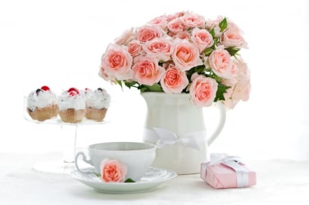 ~Tea Time for Andonia~ - roses, soft, cupcakes, tea, flower, cup