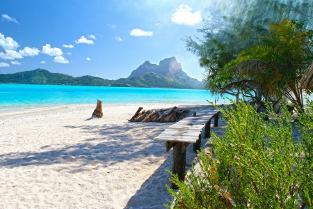 Beautiful white sand beach on Bora Bora near Tahiti Polynesia - warm, lagoon, blue, pacific, society, beach, island, french, polynesia, sand, mountain, tahiti, holiday, atoll, exotic, paradise, sky, south, sun, luxury, reef, beautiful, sea, beauty, polynesian, ocean, islands, coral, white, tropical, bora bora