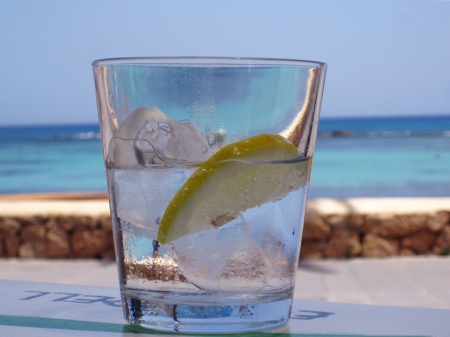 CHEERS - abstract, horizon, blue, photography, sea, drink, ice, view, glass, lemon