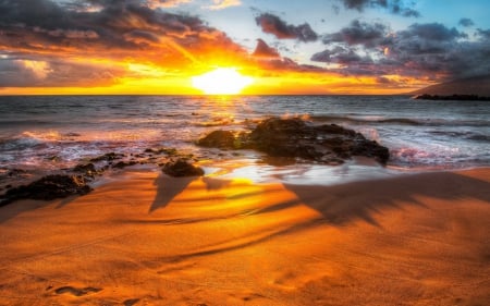 unbelievable sunset - beach, yellow, clouds, sunset, sea, rocks