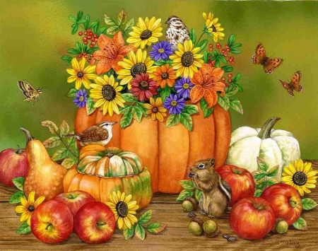 FLOWER PUMPKIN - PUMPKINS, CENTER, PIECE, APPLES, AUTUMN, FLOWERS