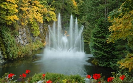 Fantastic Waterfall - trees, water, flowers, nature, waterfall, autumn, garden, vancouver, park