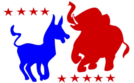 Political Party Emblems 1 - wide screen, democrats, donkey, politics, painting, abstract, elephant, art, artwork, republicans