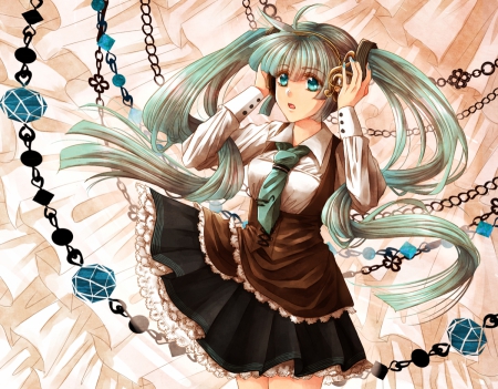 Long Chain - female, chain, hot, twintail, anime girl, anime, miku, twin tail, cute, hatsune miku, sexy, girl, twintails, long hair, gown, hatsune, vocaloids, abstract, twin tails, vocaloid, green hair, dress