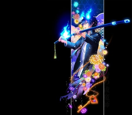 Rin Okumura - magic, Okumura Rin, evil, light, gloom, Rin, horror, weapon, Okumura, creep, sword, darkness, flower, blade, Rin Okumura, Blue Exorcist, floral, Ao no Exorcist, demon, anime, devil, guy, gloomy, magical, dark, boy, male, hd, sparks, creepy, black, glow, eerie, Exorcist