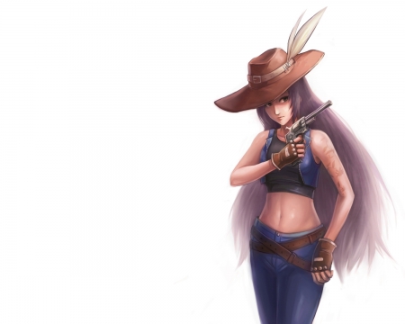 CowGirl - cute, plain, artwork, hot, gun, anime girl, girl, white, cowgirl, hat, pistol, western, simple, anime, art, warrior, long hair, cap, sexy, female