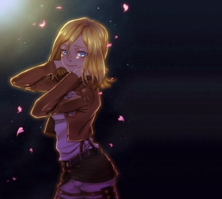 Christa Renz - pretty, female, christa renz, light, armor, gloom, blond, nice, creep, hot, beauty, darkness, petals, cute, sexy, anime, warrior, blonde, blond hair, gloomy, long hair, hrista renz, christa, dark, hd, sparks, creepy, attack on titan, anime girl, realistic, beautiful, girl, blonde hair, lovely, sweet, glow, eerie, Shingeki no Kyojin