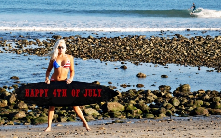 Happy 4th of July from Malibu Beach - surfboard, bikini, model, beach, blonde