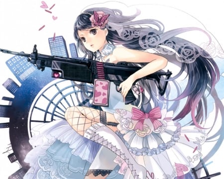 Sakuragi Kei - roses, anime, long gun, gun, Sakuragi Kei, dress, shooting, bare foot, pink, long hair, black eyes, black hair, bow