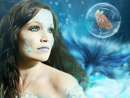 Fly with Bubble - butterfly, bubble, blue, woman