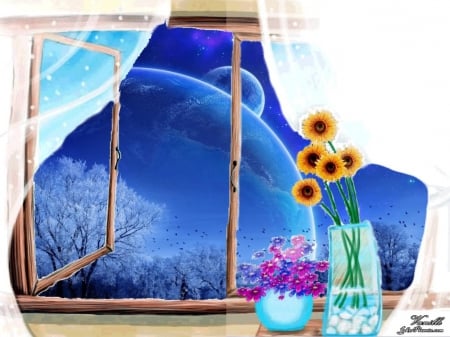 Lookout to Planets - flowers, window, artwork, fantasy