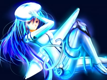 A Blue Girl - hat, long hair, lovely, blue hair, art, cool, anime, blue girl, cute