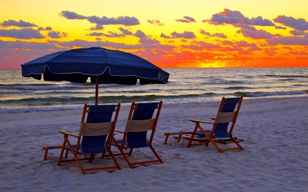 SUMMER SUNSET - sunset, summer, beach, sea, beach chairs