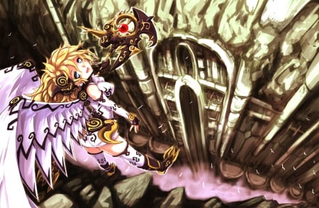 Flyting High ~ - flying high, blonde hair, warrior, anime, looking up, wings, cute