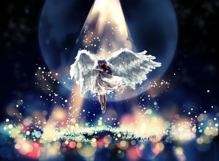 A Vilion Angel - clouds, moon, sparkle, anime, vilion, angel, light, instrument, wings, cute