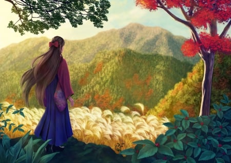 Anime LandScape - trees, girl, landscape, hills, rown hair, lovely, wind, cool, leafs, kimono, flowers