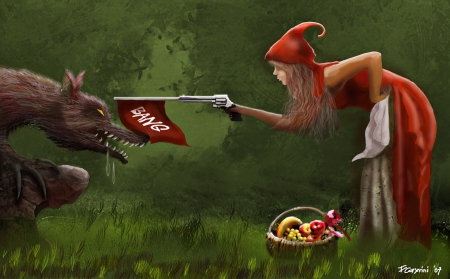 Little Red Riding Hood - woman, girl, funny, wallpaper, fantasy, wolf, art, beautiful, digital