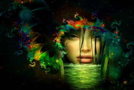 Lady of the Lake - woman, girl, water, wallpaper, lovely, fantasy, face, art, beautiful, green, digital, flowers, artistic