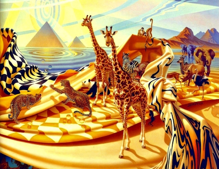 The revelation by Ilene Meyer - water, pyramid, africa, art, abstract, leopard, blue, giraffes, animal, orange, monkey, ilene meyer, the revelation