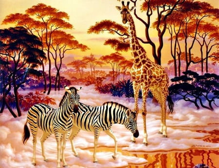 The meeting by Ilene Meyer - abstract, the meeting, giraffes, blue, africa, pink, orange, ilene meyer, tree, black, fantasy, animal, zebras, art, stripes