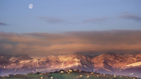 moonset over tuscan landscape - village, clouds, moon, fields, mountain