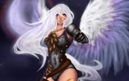 Angel - girl, angel, black, fantasy, white, purple, woman, wings, art