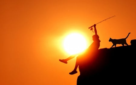 It's coming!!! - animal, black, silhouette, fishing, cat, yellow, sun, orange, sunset, sunrise, boy, man