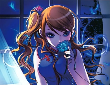 Oriental - female, girl, night, long hair, darkness, dark, blue, anime, oriental, manga, flower